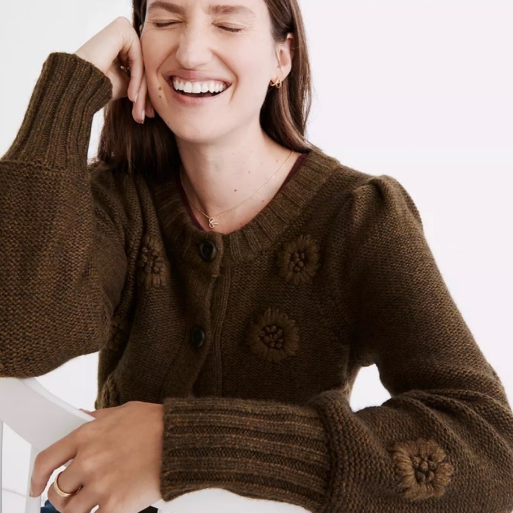 NWOT !! 🌼 Madewell Embroidered Edencroft Pleat-Sleeve Cardigan Sweater - Brown